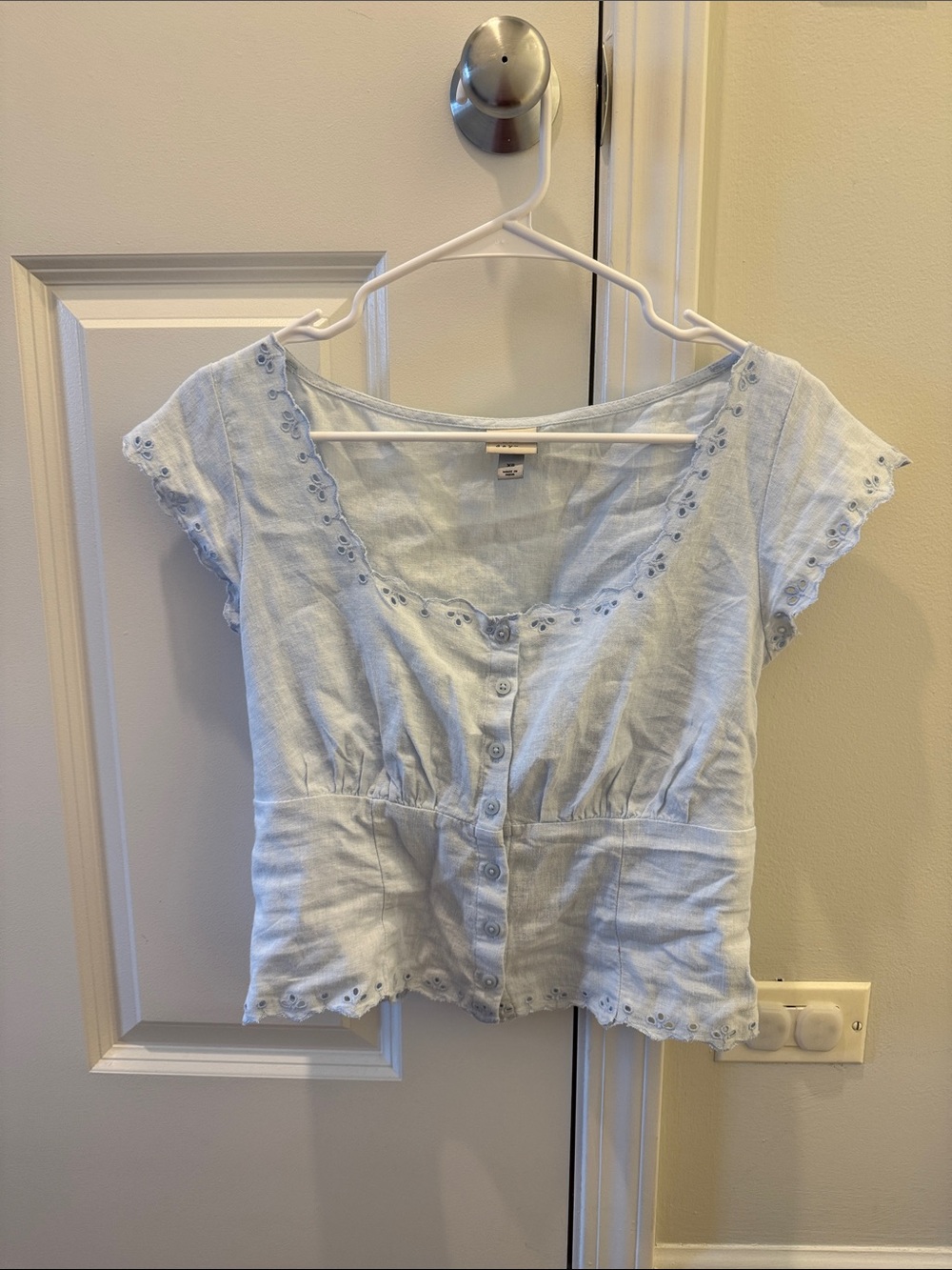 a new day (Target) Pale Blue Eyelet Button-Front Blouse. Linen-blend